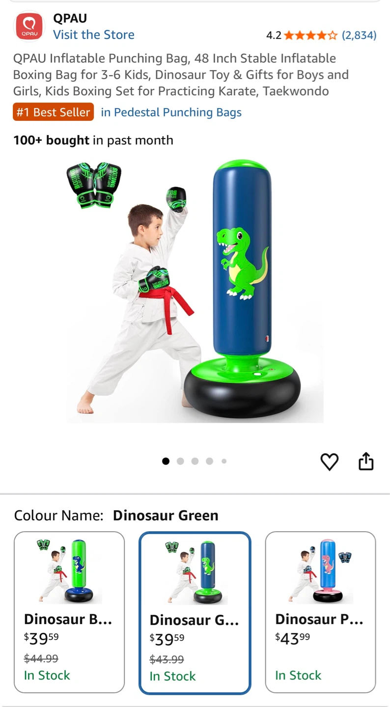 QPAU Inflatable Punching Bag - Dinosaur Green
