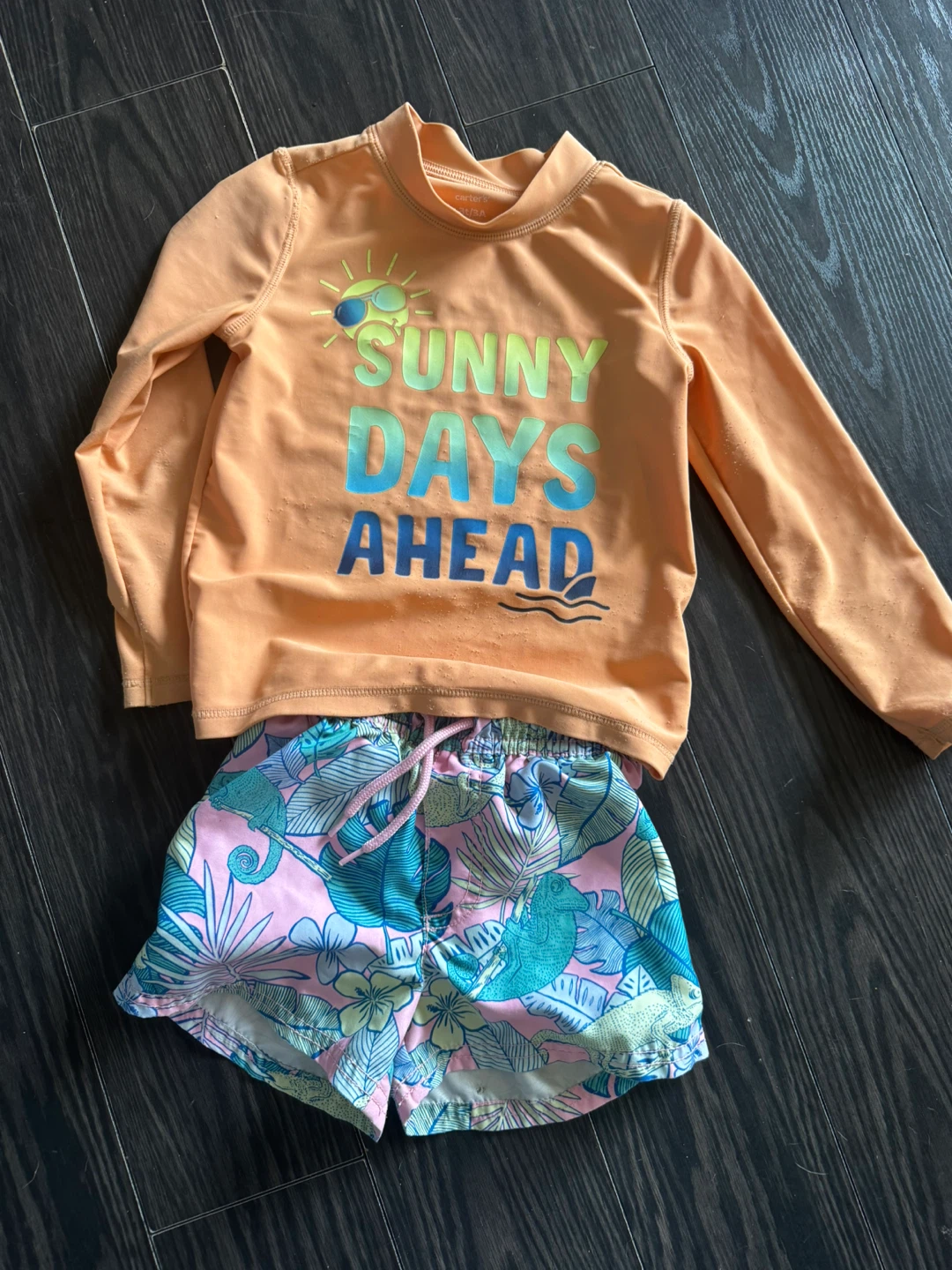 3T Carter's Orange Rash Guard & Chamelon Swim Shorts Set