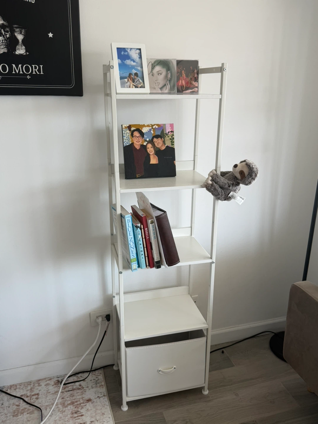 5 tier bookshelf with fabric drawer in white - photo 2
