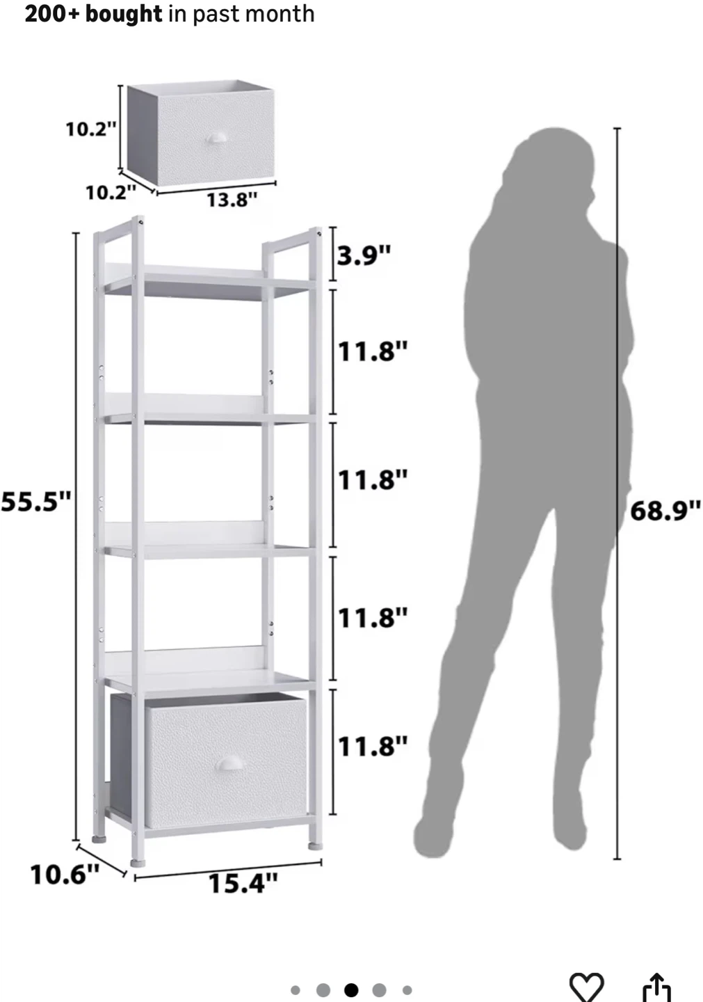 5 tier bookshelf with fabric drawer in white - photo 4