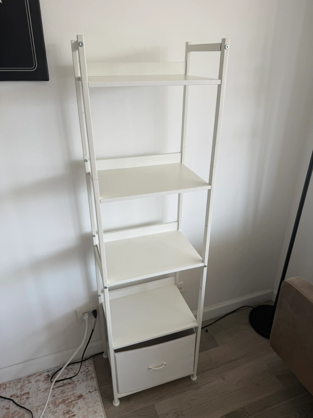 5 tier bookshelf with fabric drawer in white