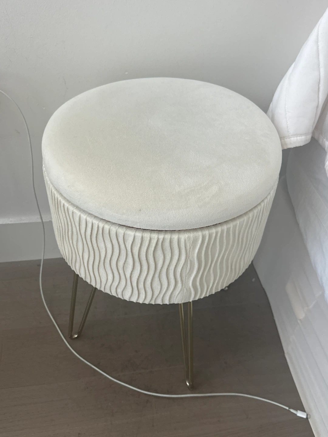 Cream Velvet Round Ottoman Stool with Gold Legs