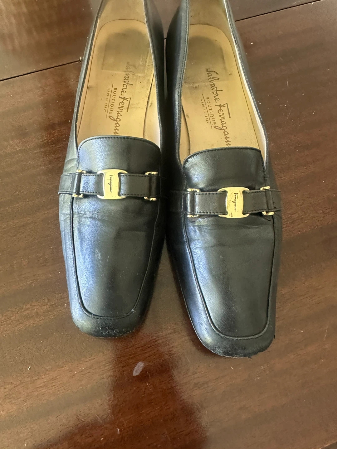 Salvatore Ferragamo Black Leather Gancini Loafer Heels Size 9