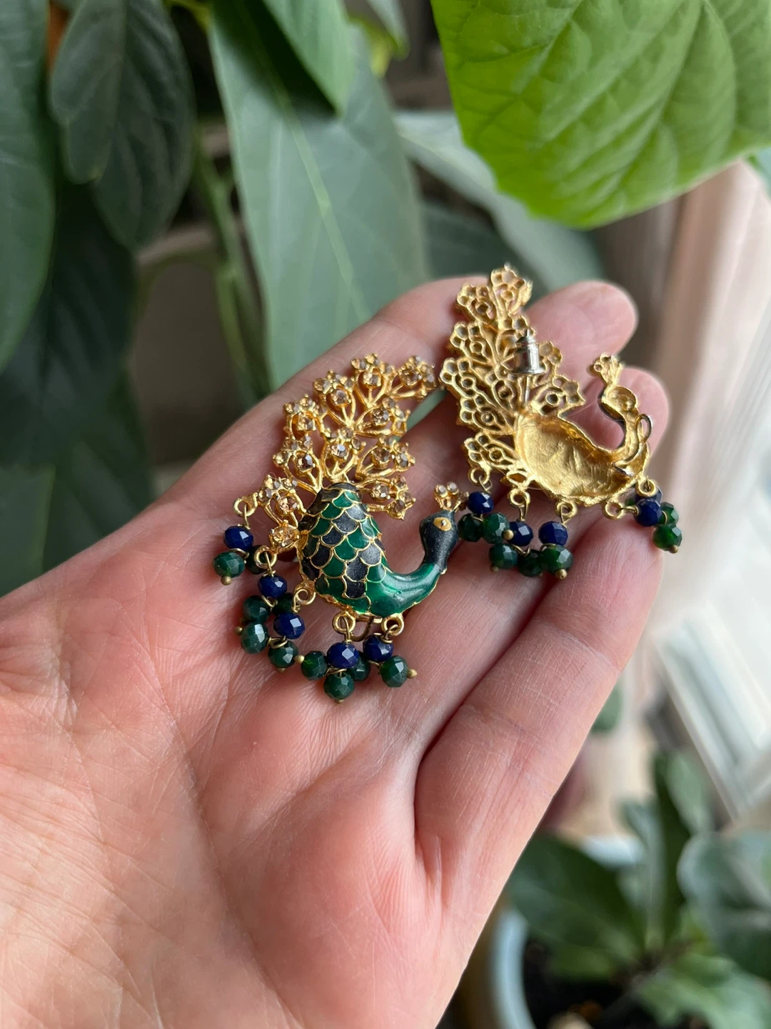 Golden Peacock Earrings with Green and Blue Beads - photo 3