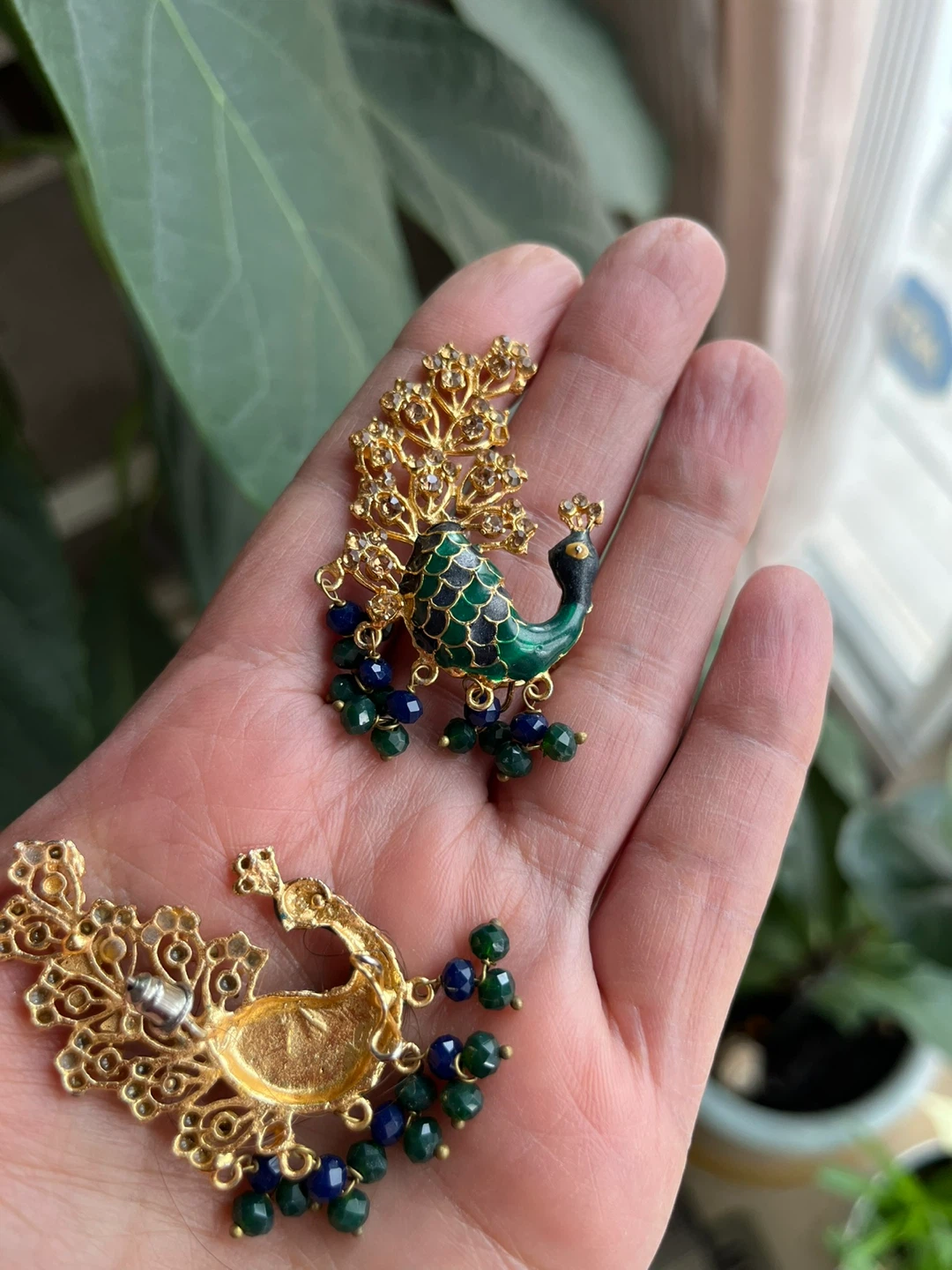 Golden Peacock Earrings with Green and Blue Beads - photo 2