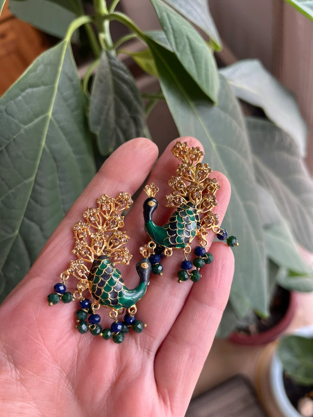 Golden Peacock Earrings with Green and Blue Beads