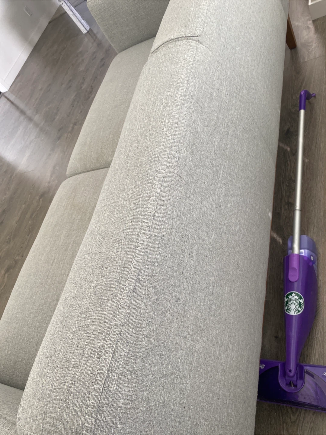 Grey Fabric Sofa with Wooden Accents - photo 4