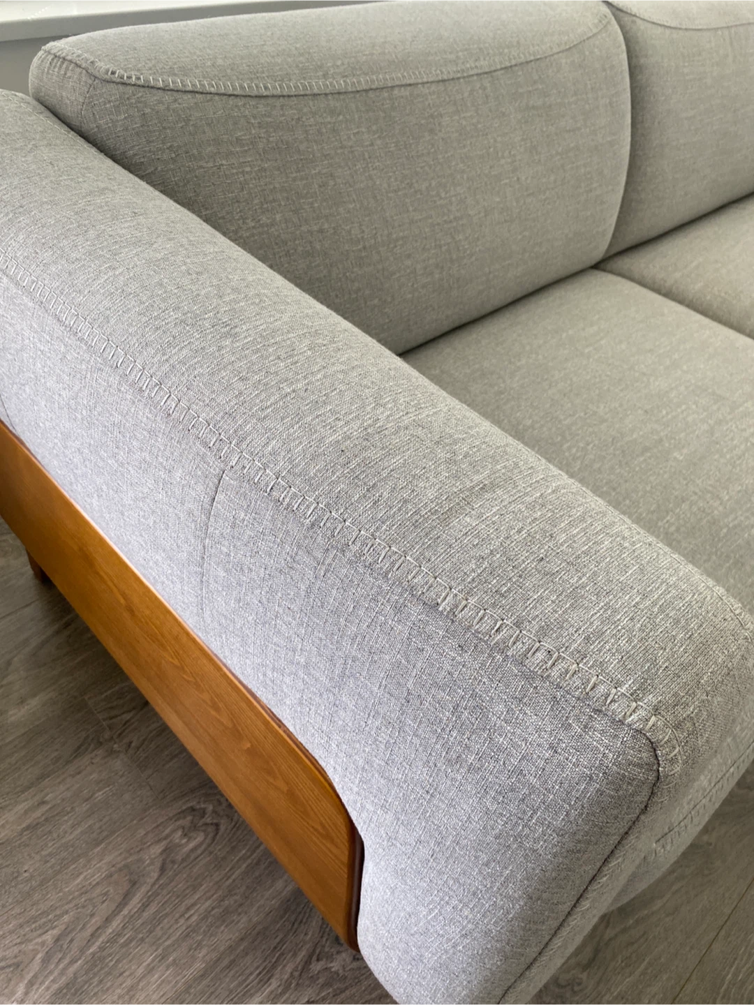 Grey Fabric Sofa with Wooden Accents - photo 2