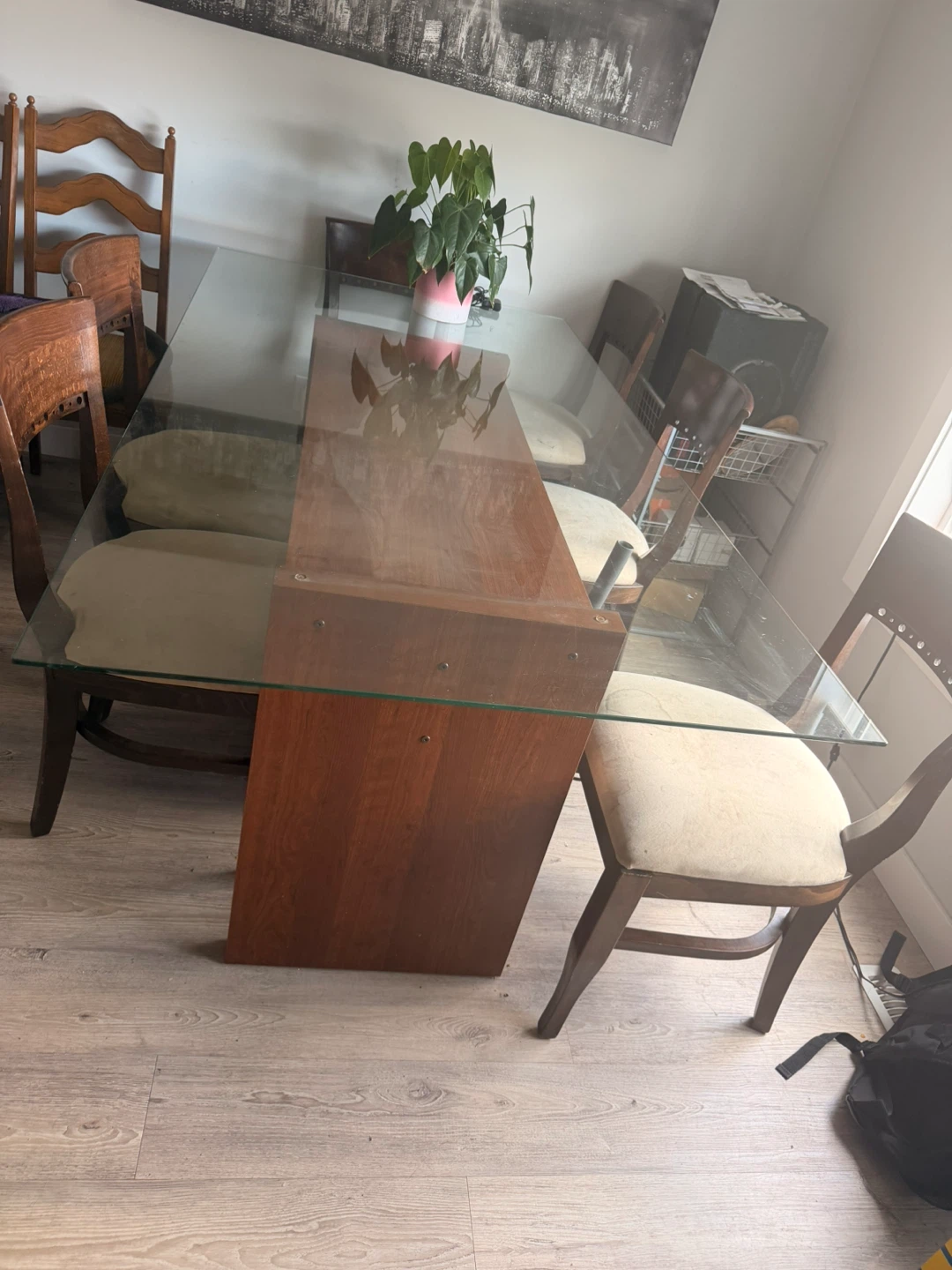 Glass Top Dining Table with Wooden Base