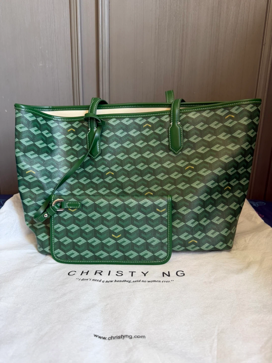 Christy Ng Green Monogram Tote Bag with Pouch