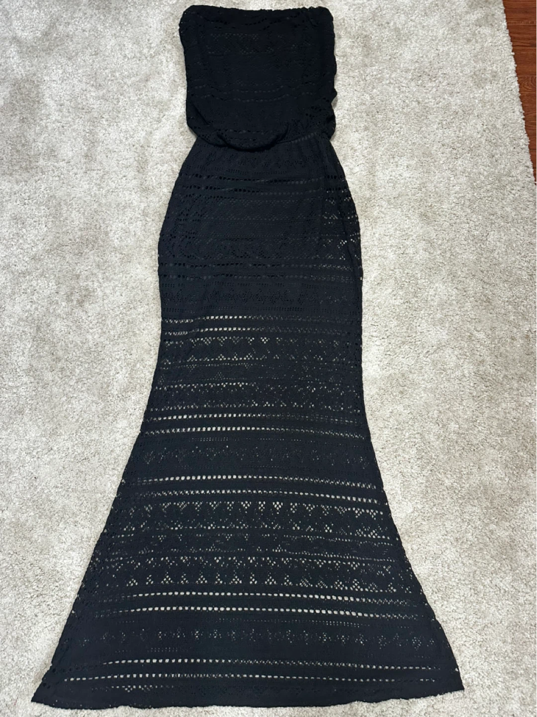 S-twelve Black Strapless Crochet Maxi Dress
