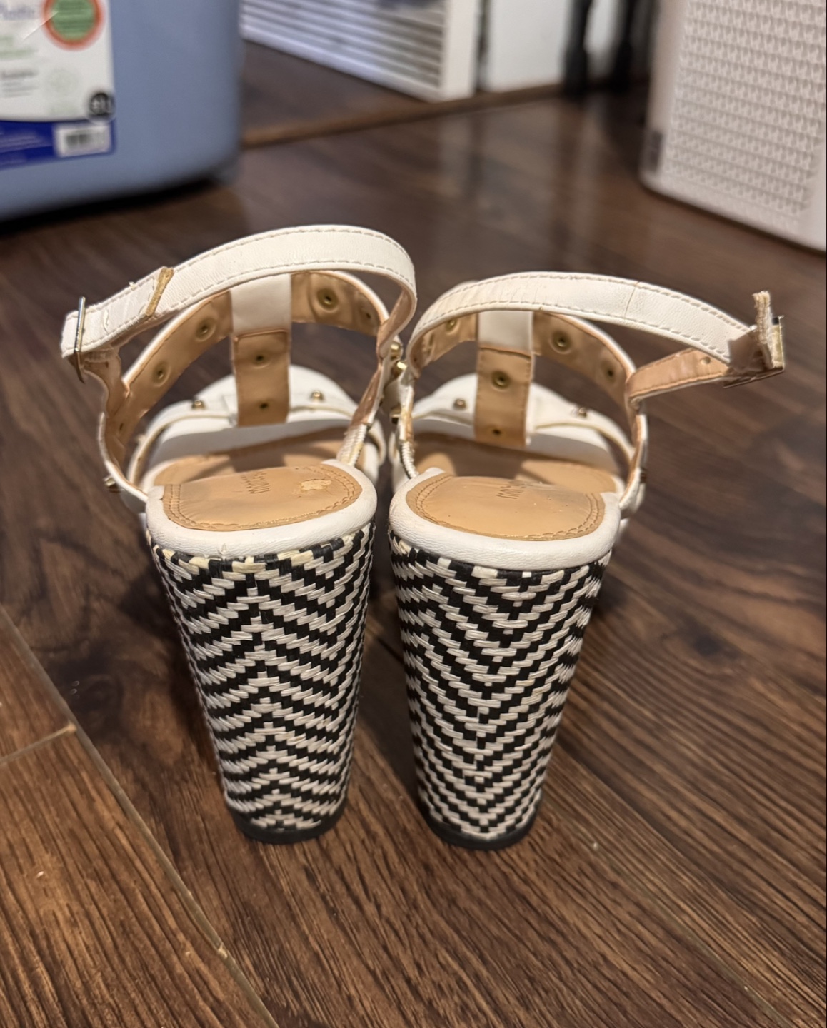 White wedge sandals with black and white patterned heel - photo 2