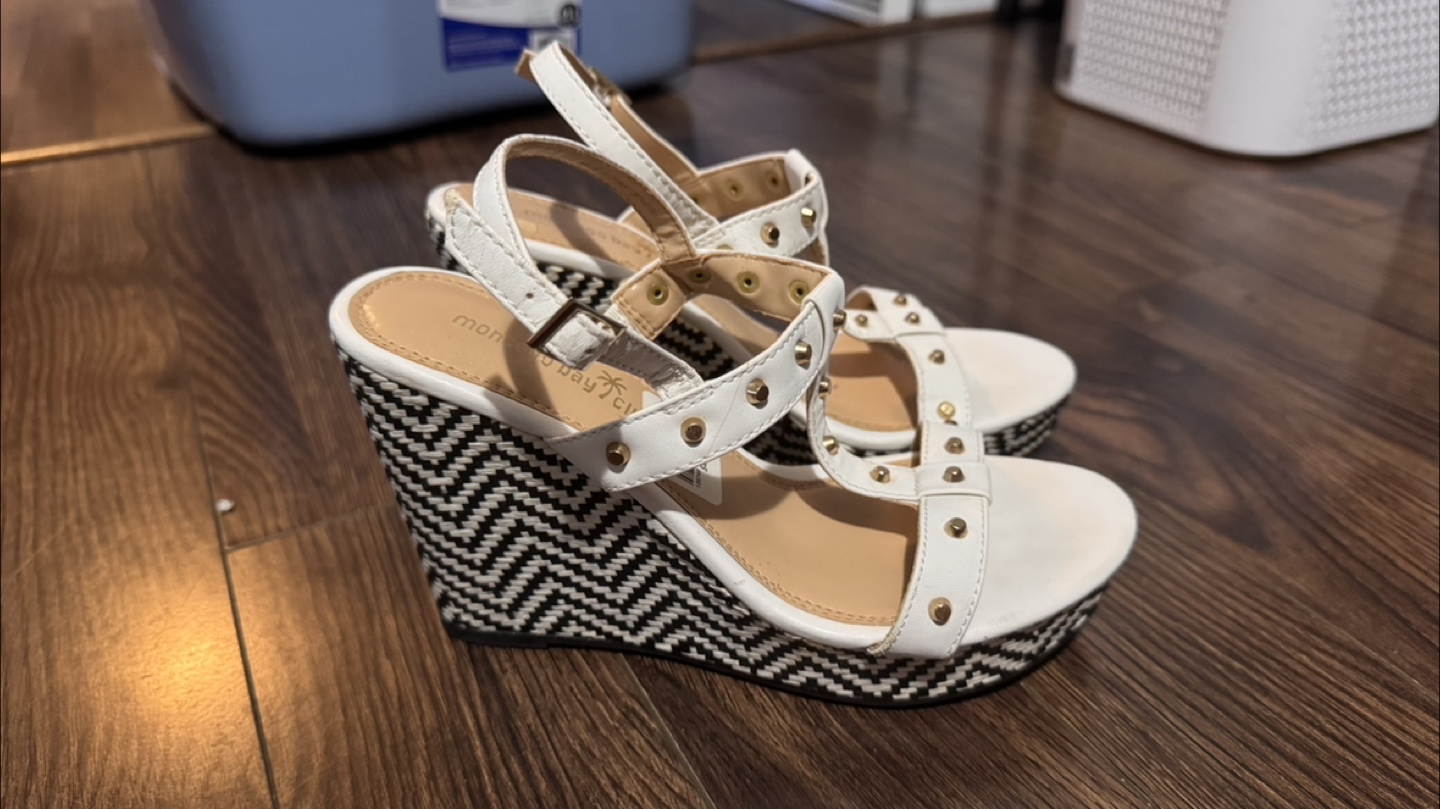 White wedge sandals with black and white patterned heel - photo 3