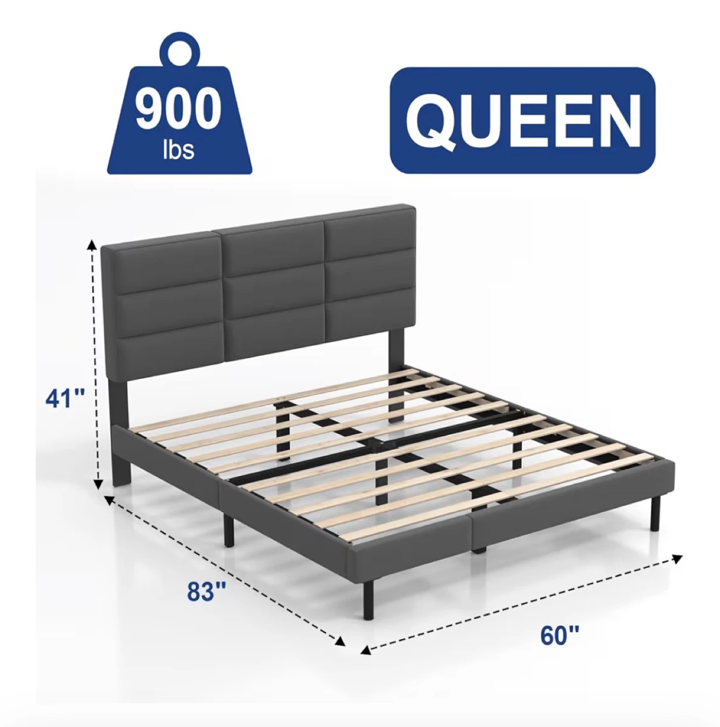 Queen Size Upholstered Bed Frame with Headboard - Grey