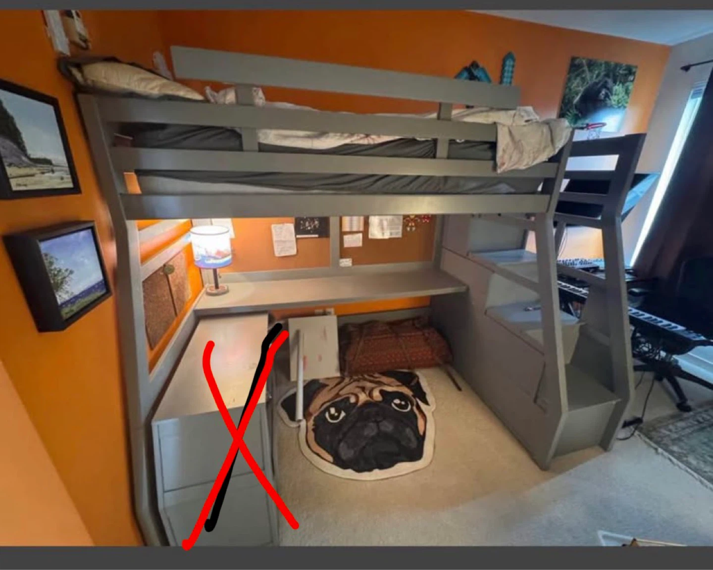 Grey Loft Bed with Desk and Storage