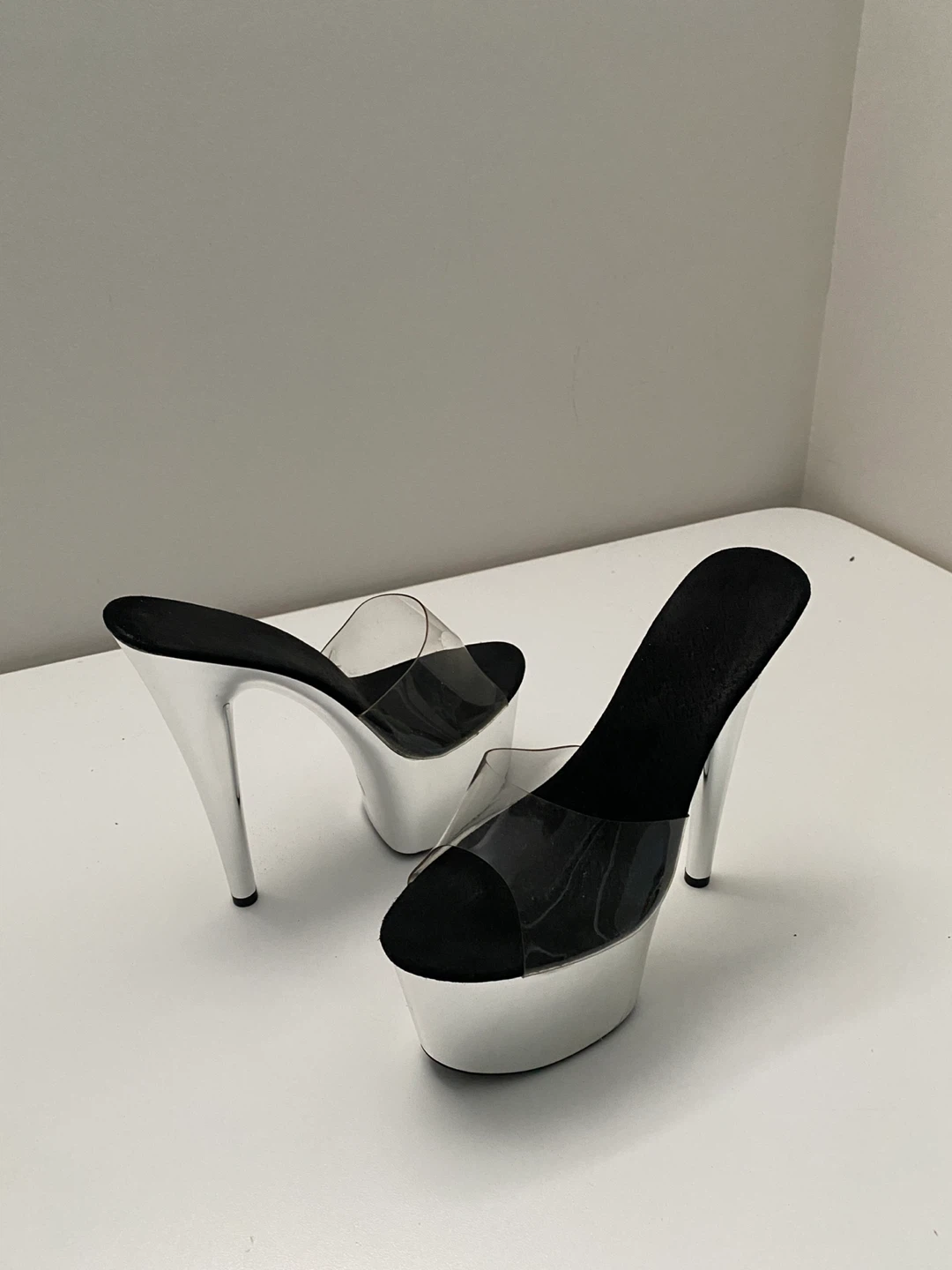 Platform Heels Clear Strap Mules Silver