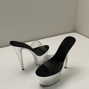Platform Heels Clear Strap Mules Silver