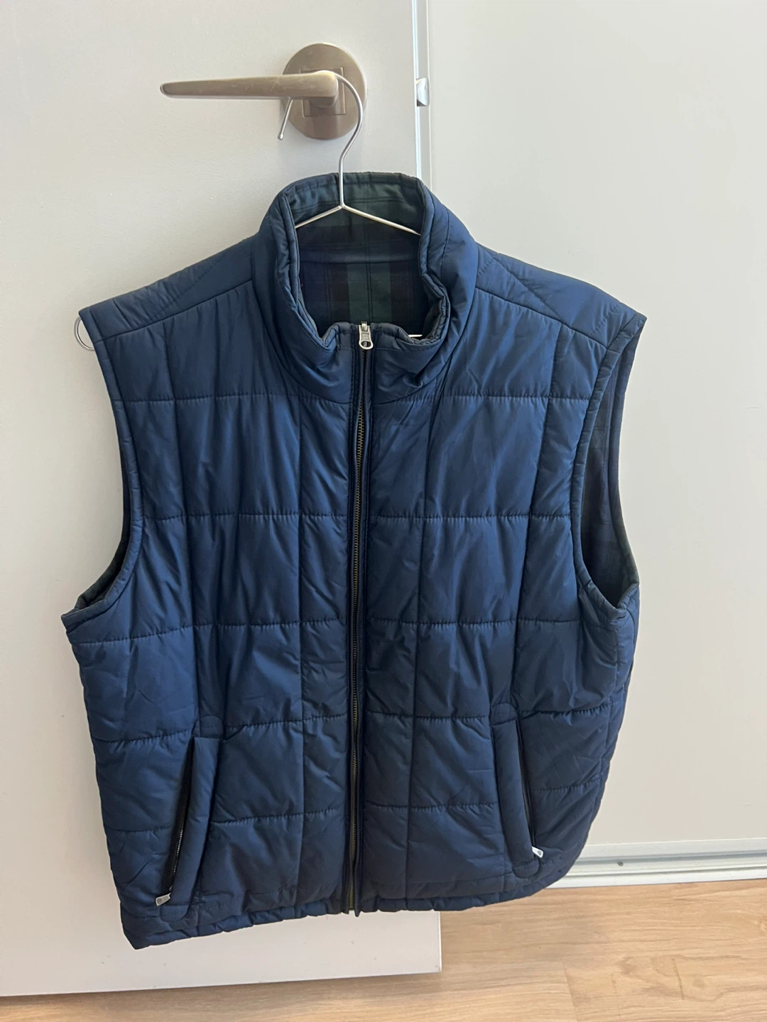 Navy Blue Puffer Vest with Plaid Lining