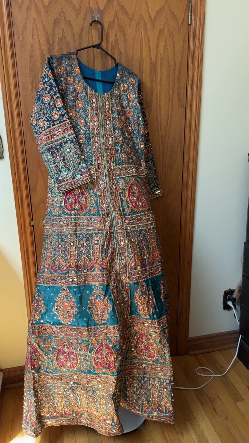 Embellished Teal and Orange Maxi Dress