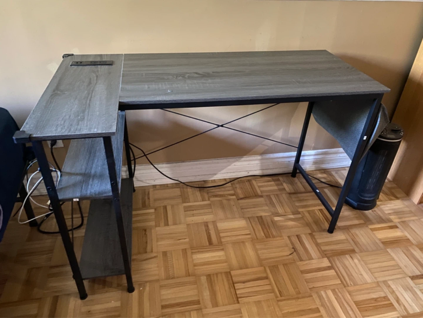 Grey L-Shaped Computer Desk with Built-in Outlet