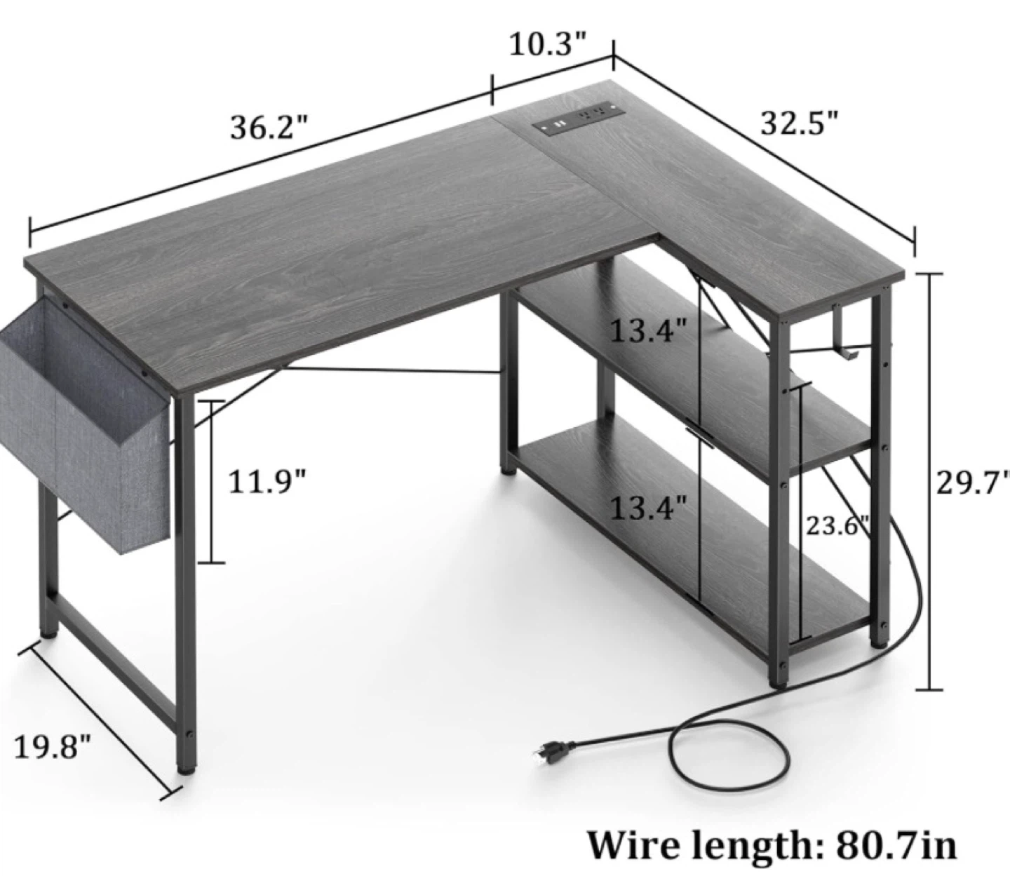 Grey L-Shaped Computer Desk with Built-in Outlet - photo 2
