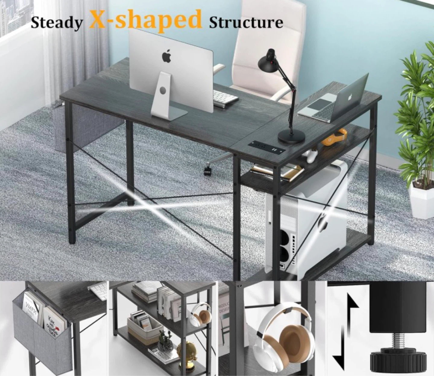Grey L-Shaped Computer Desk with Built-in Outlet - photo 4