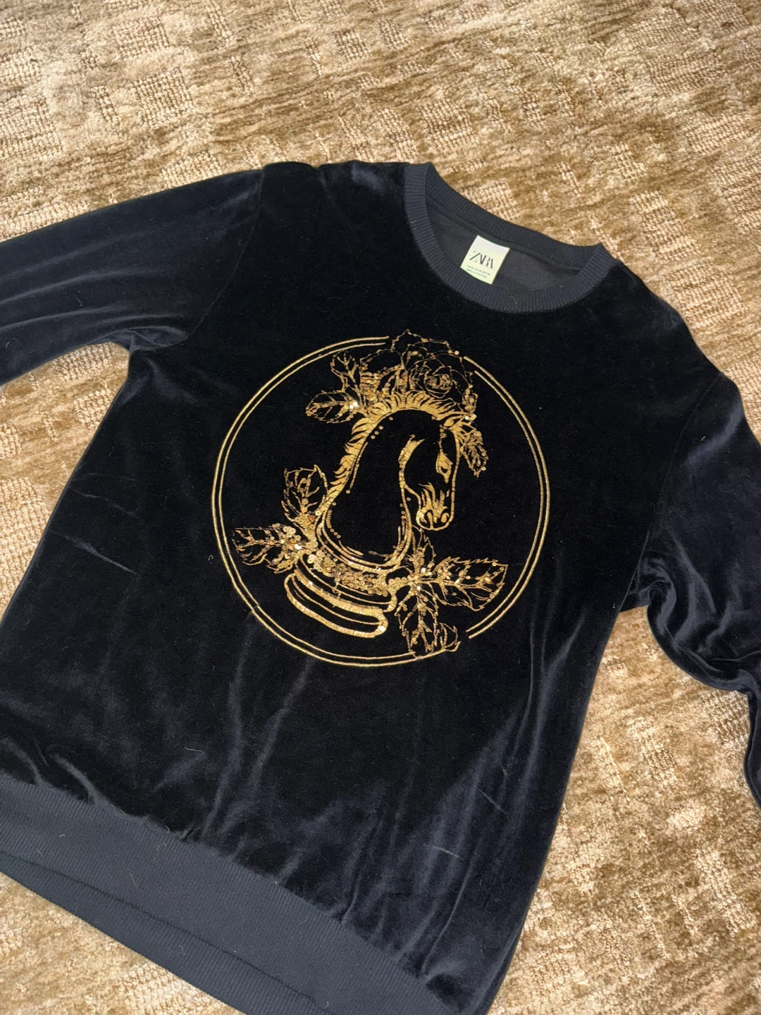 Zara Black Velvet Sweatshirt with Gold Knight Graphic - Size M