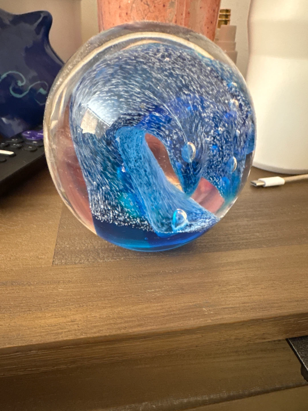 Glass Paperweight with Blue water wave  Design