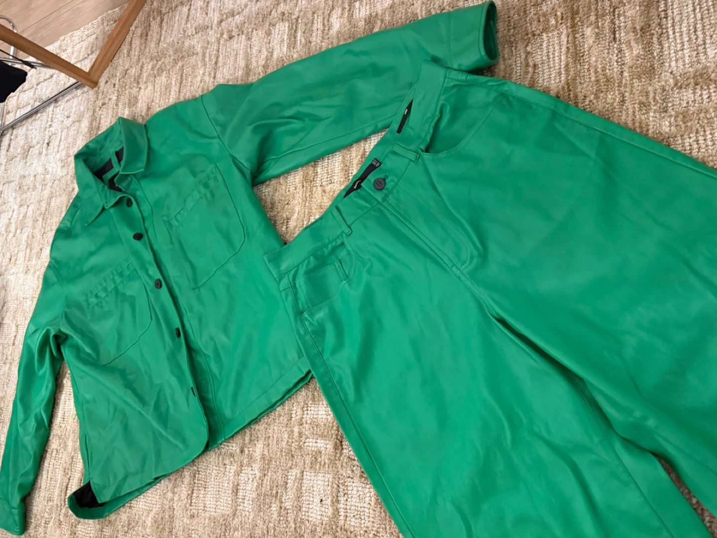 Bershka Green Faux Leather Shirt and Pants Set