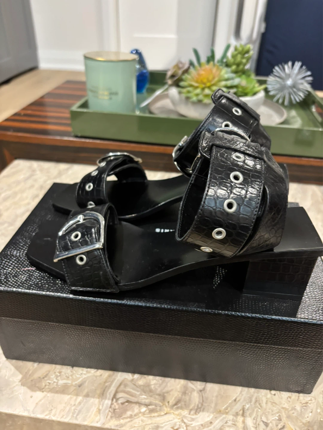 The Kooples Black Crocodile Embossed Leather Sandals Size 37 - photo 3