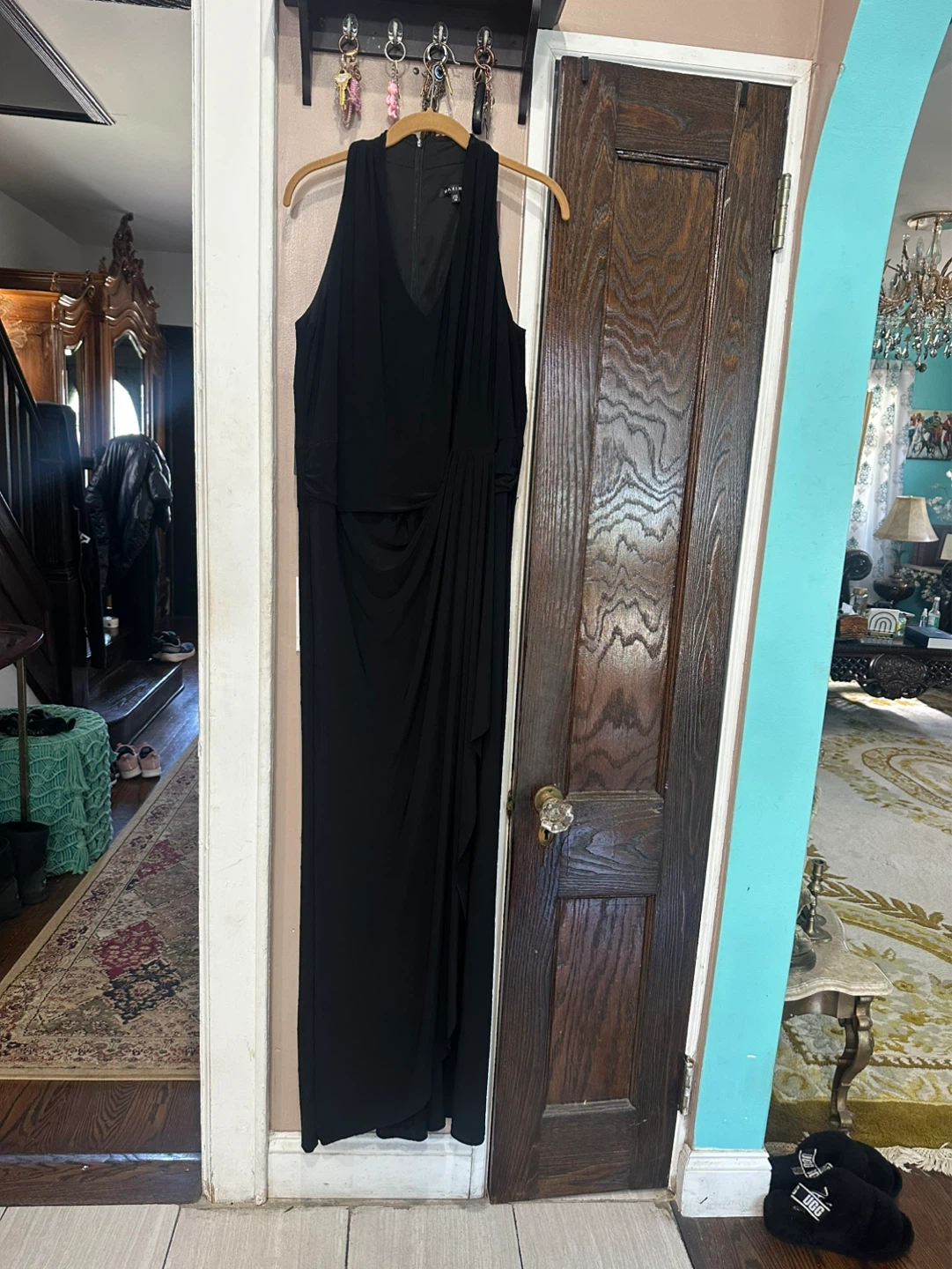 MARINA Black Sleeveless Draped Maxi Jumpsuit Size 14