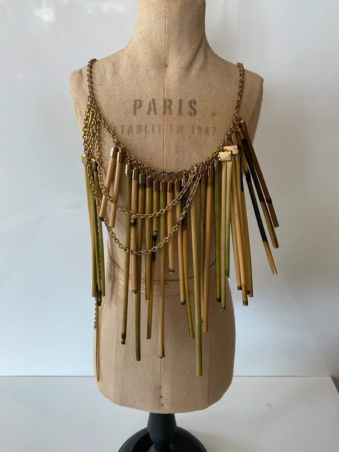 Vintage Bamboo and Gold Tone Chain Statement Necklace
