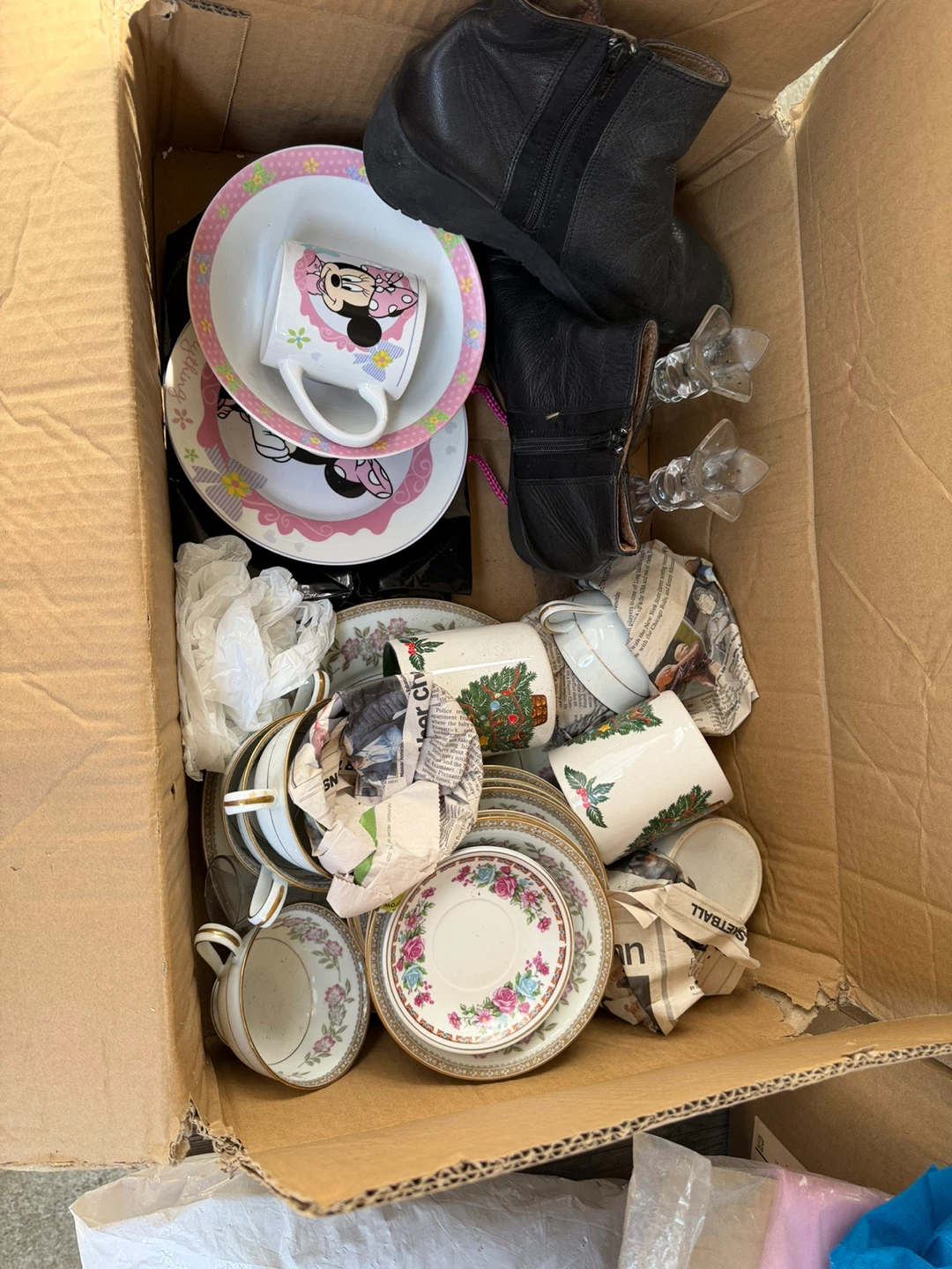 Mixed Lot: Black Boots, Minnie Mouse Dishes, Tea Set, Crystal