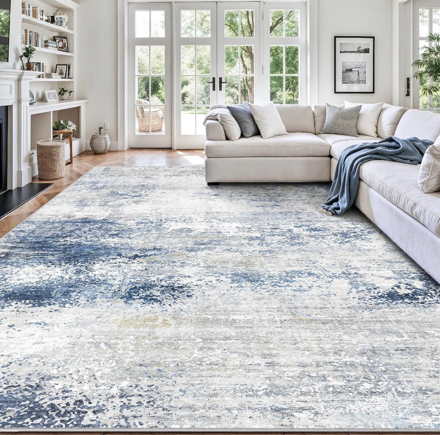 Abstract Blue and White Area Rug - 8ft x 10ft