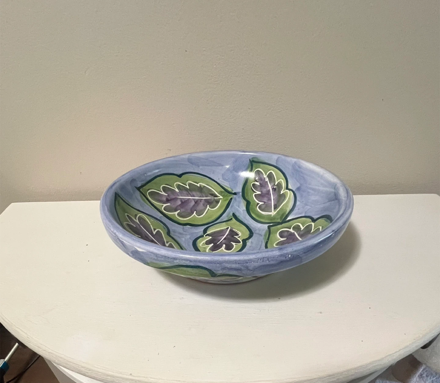 Large Hand-Painted Ceramic Bowl with Leaf Design