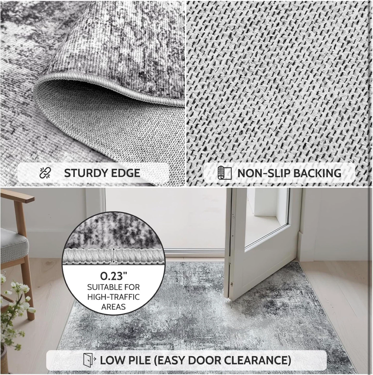 Grey Abstract Area Rug - Low Pile, Machine Washable - photo 5