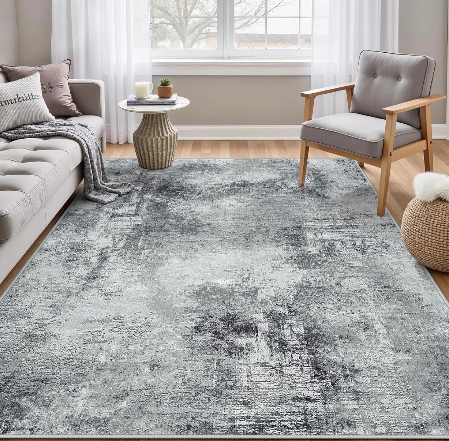 Grey Abstract Area Rug - Low Pile, Machine Washable