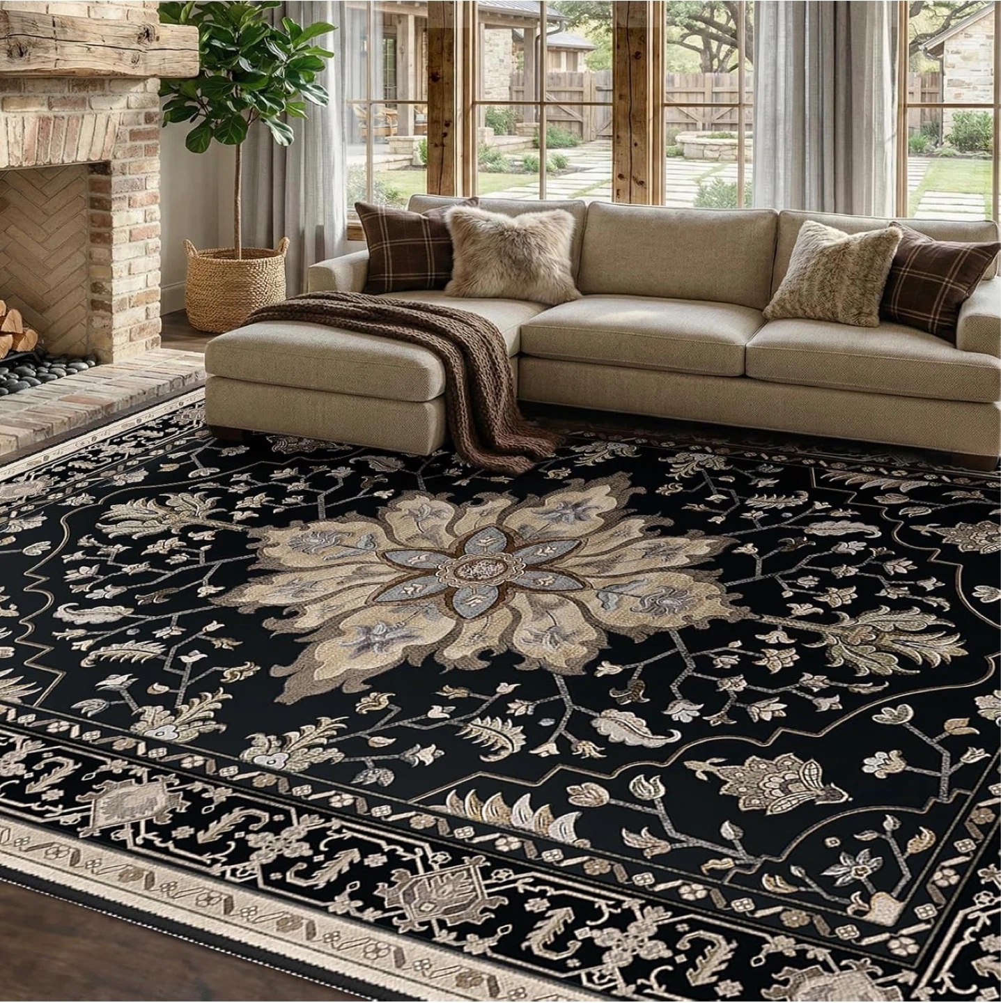 Black Traditional Floral Area Rug - photo 2
