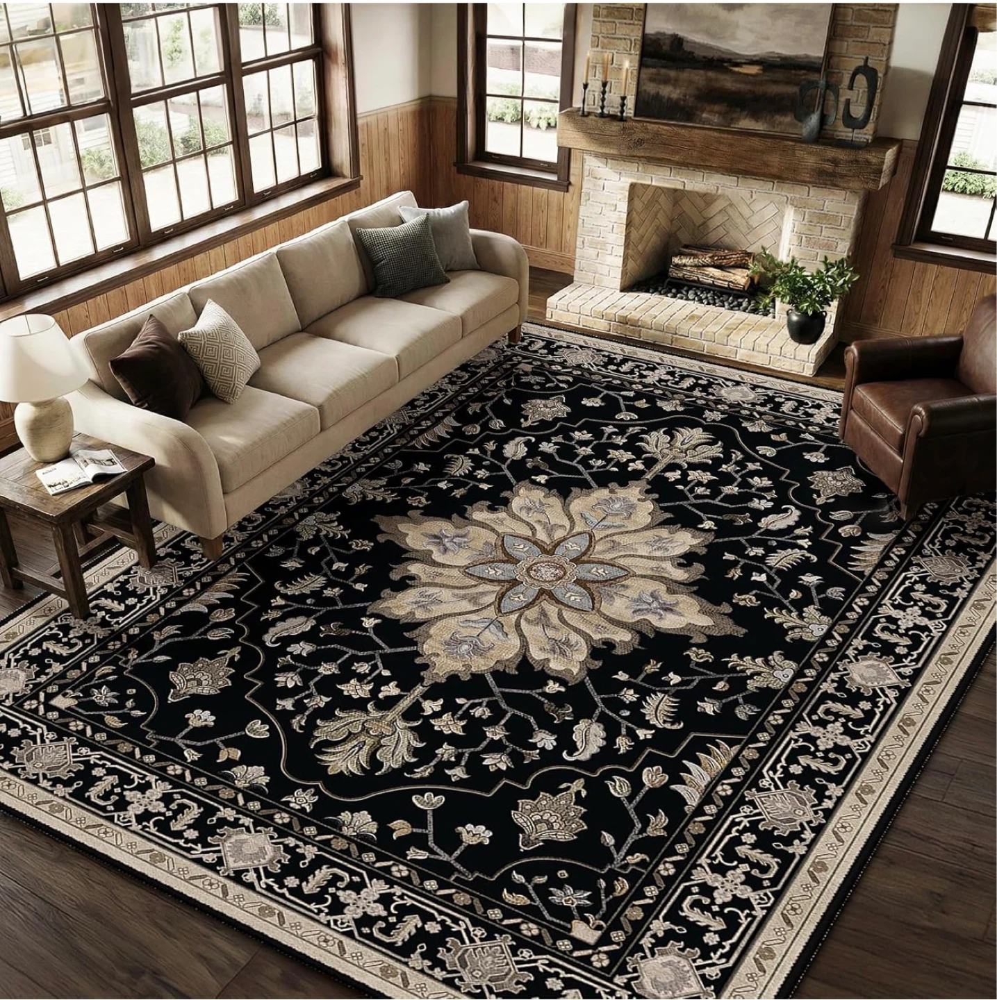 Black Traditional Floral Area Rug