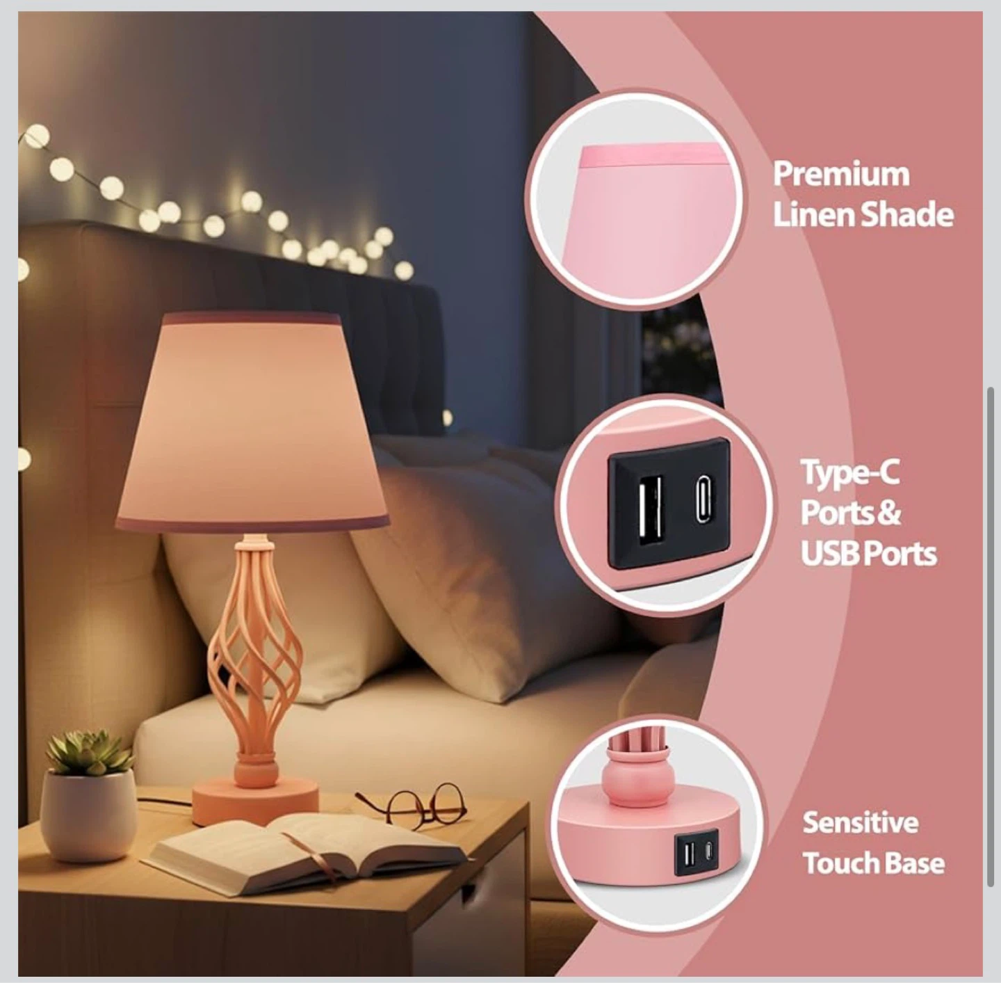 Pink Bedside Table Lamp with Touch Control & USB Ports T8T - photo 4