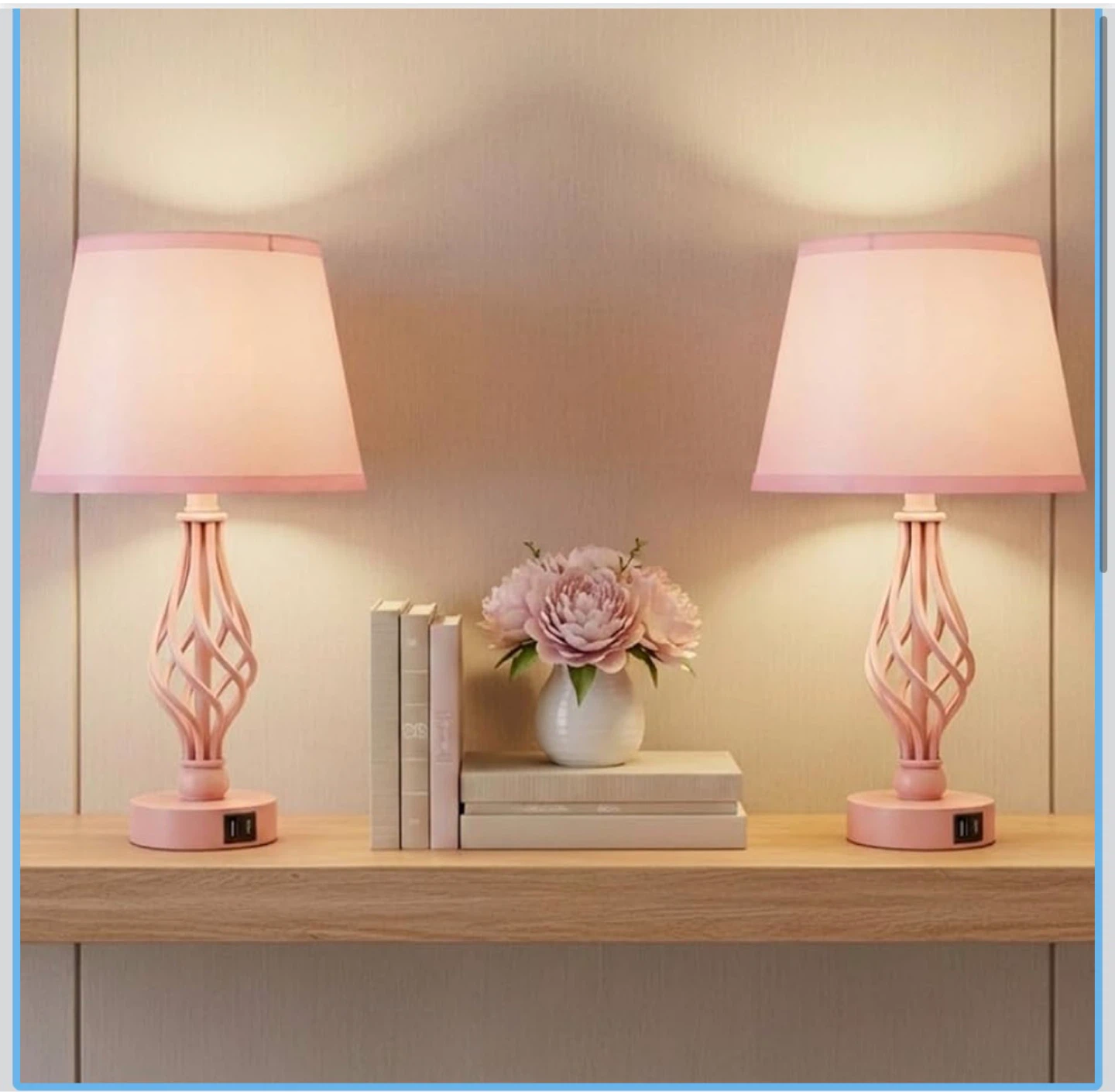 Pink Bedside Table Lamp with Touch Control & USB Ports T8T