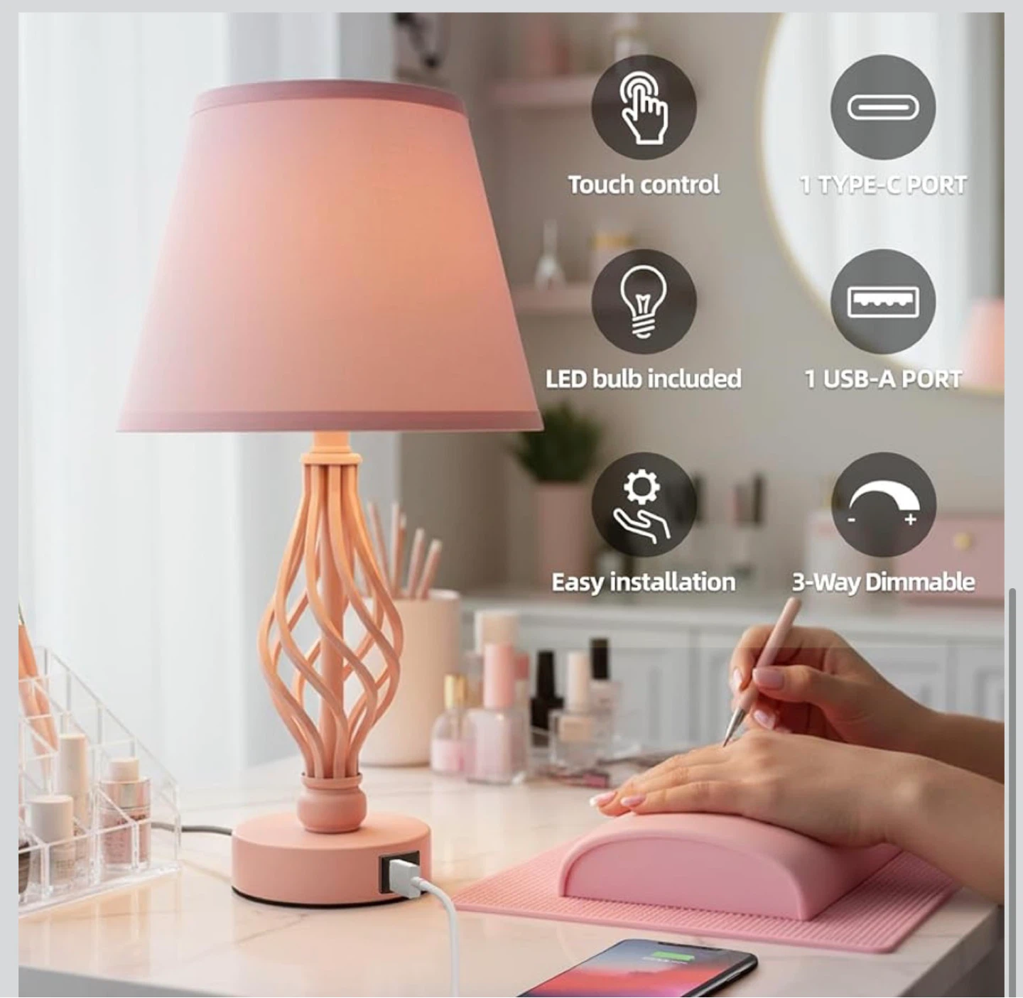 Pink Bedside Table Lamp with Touch Control & USB Ports T8T - photo 5