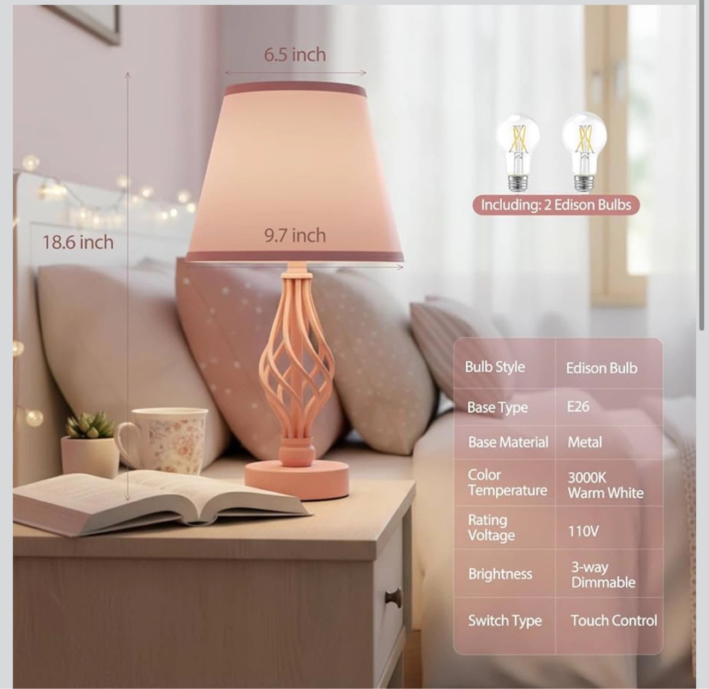 Pink Bedside Table Lamp with Touch Control & USB Ports T8T - photo 2