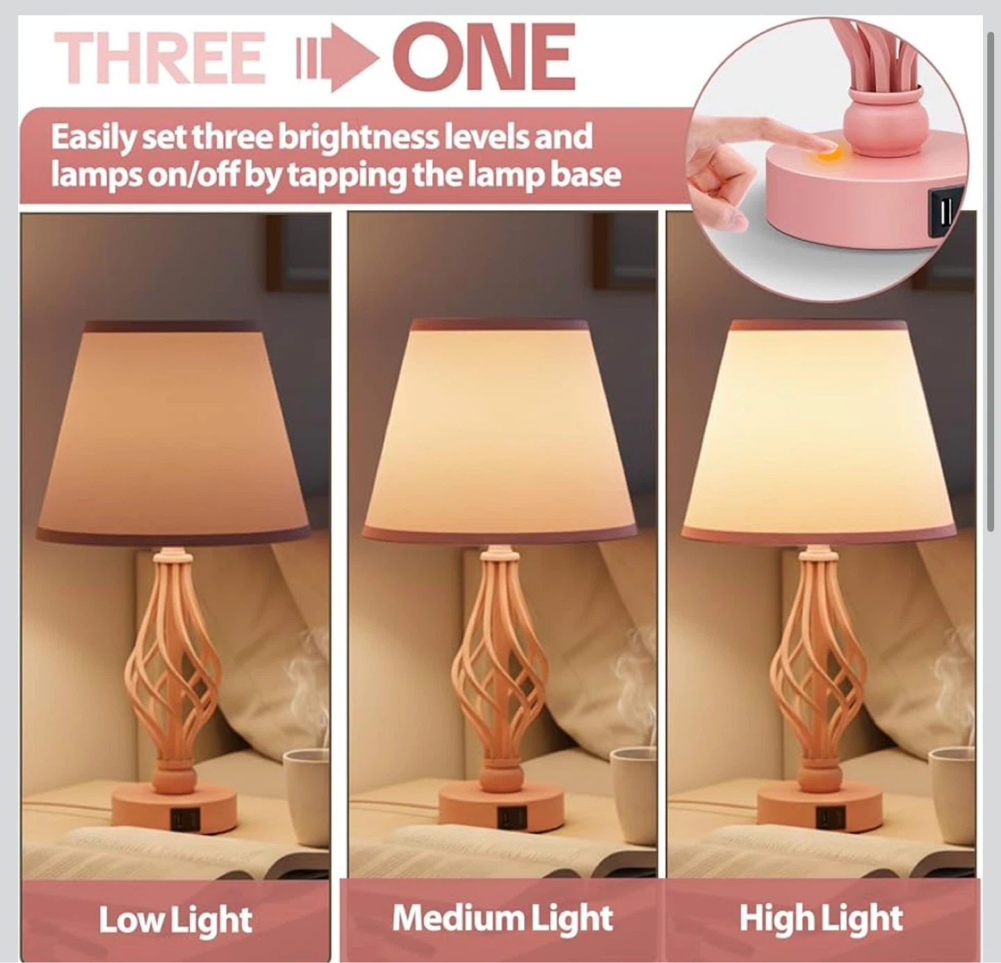 Pink Bedside Table Lamp with Touch Control & USB Ports T8T - photo 3