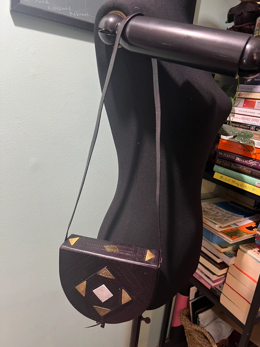 Hand Crafted Leather Bronze Plate Small Shoulder Bag