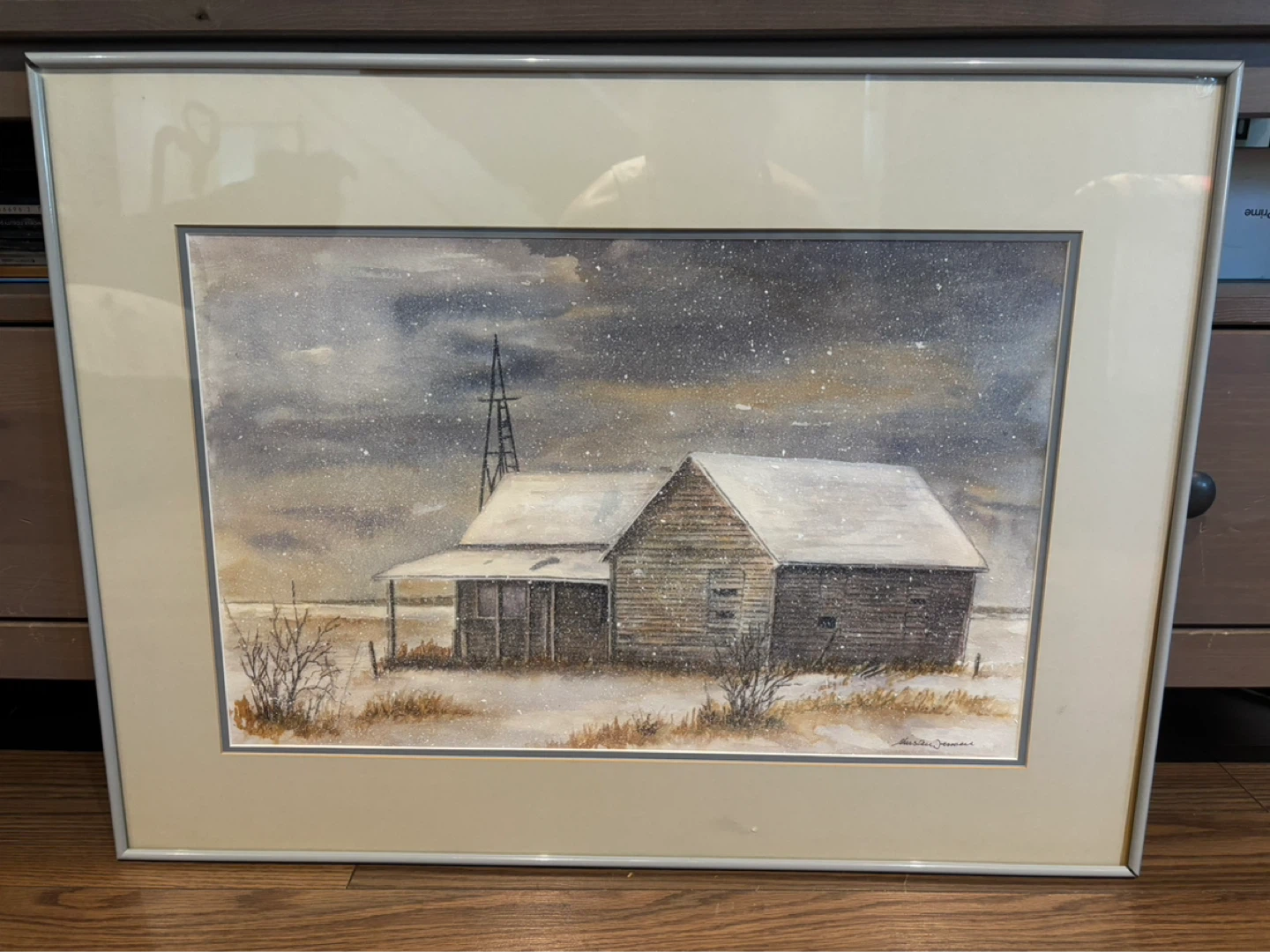 Framed Watercolor Painting of a Snowy Farmhouse