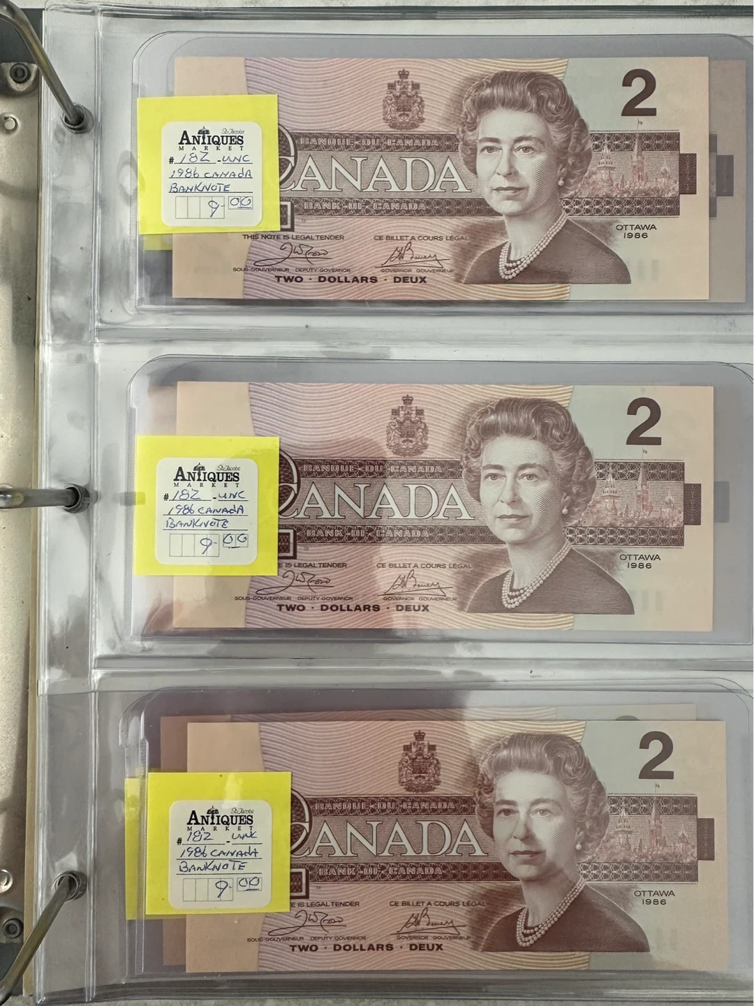 Uncirculated & Sequential Canada $2 Banknote 1986