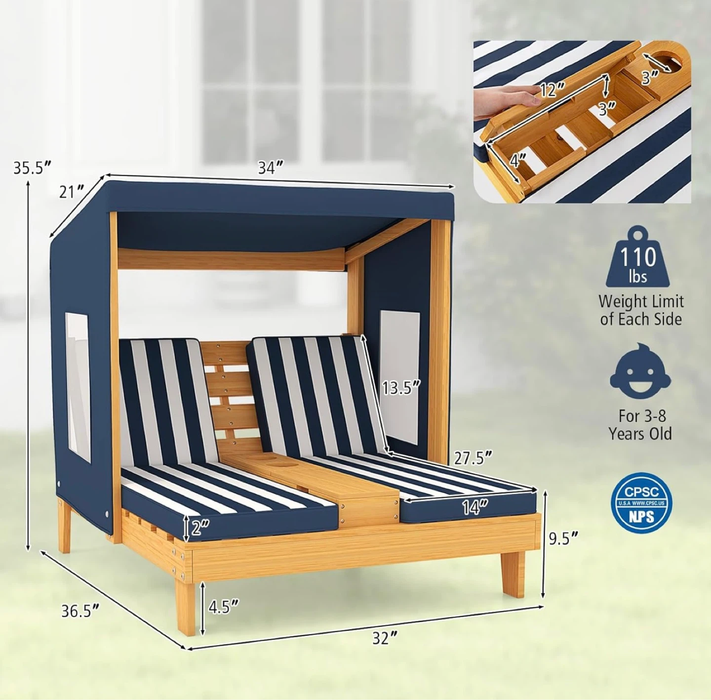 Kids Chaise Lounge Chair Outdoor, Lounger Chairs w/Canopy