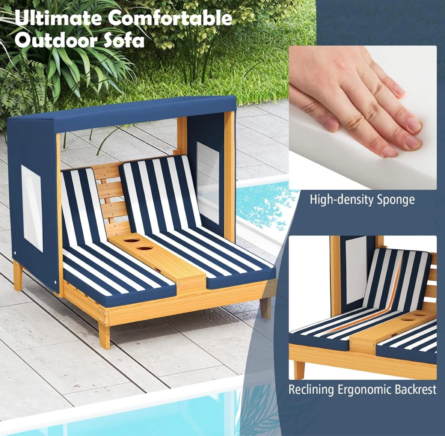 Kids Chaise Lounge Chair Outdoor, Lounger Chairs w/Canopy - photo 4