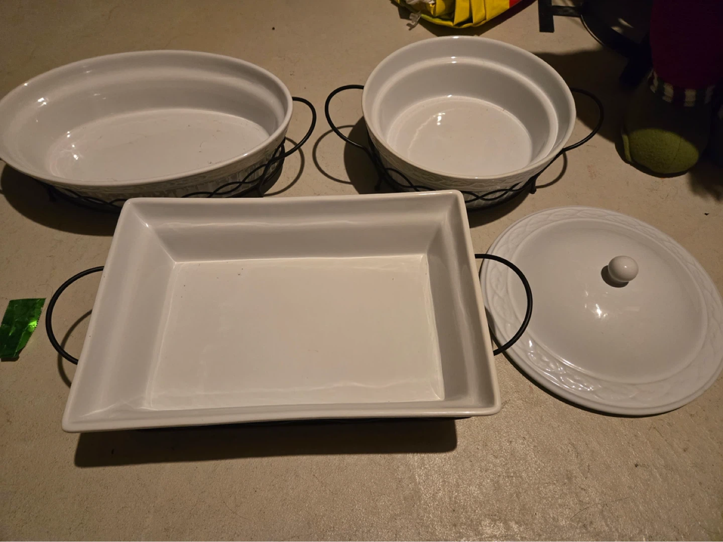 White Ceramic Baking Dish Set with Wire Holders